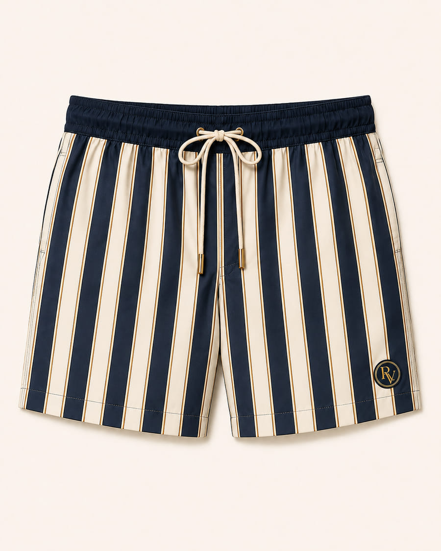 Riviera Stripe swim shorts, navy and ivory