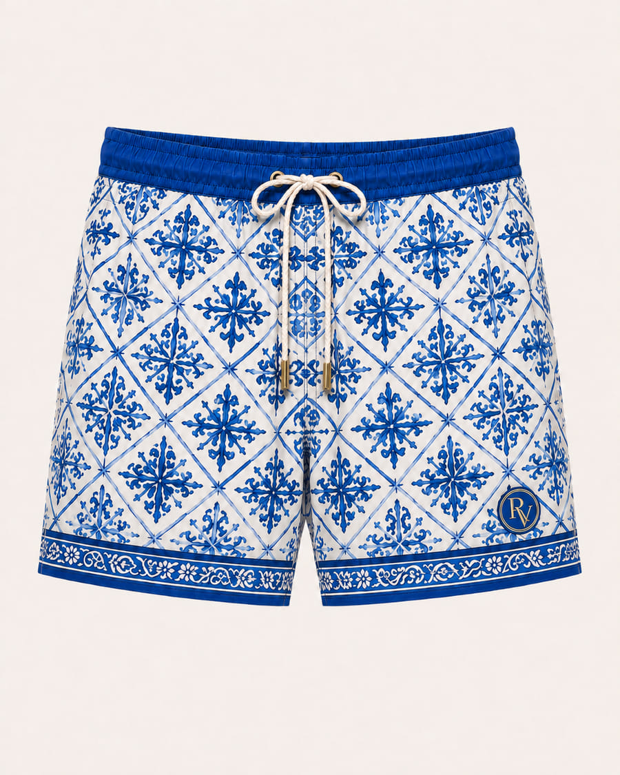 Coastline Tile swim shorts, cobalt and cream