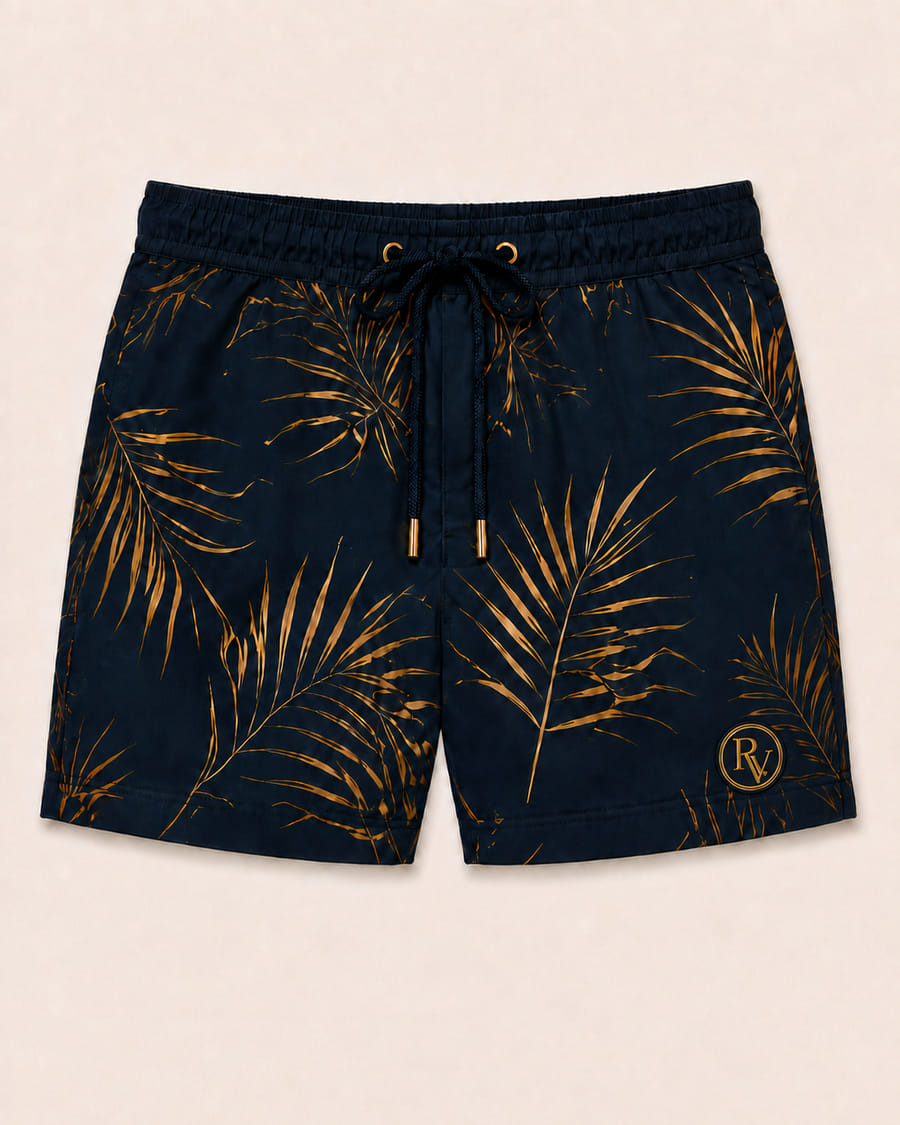 Golden Palms swim shorts, midnight navy with gold palm print